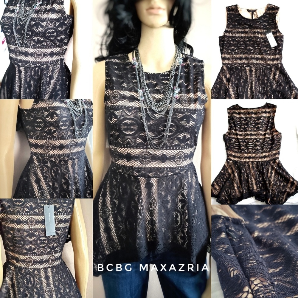BCBG MAXAZRIA BLACK LACE CIRCLE PEPLUM SLVLS TOP